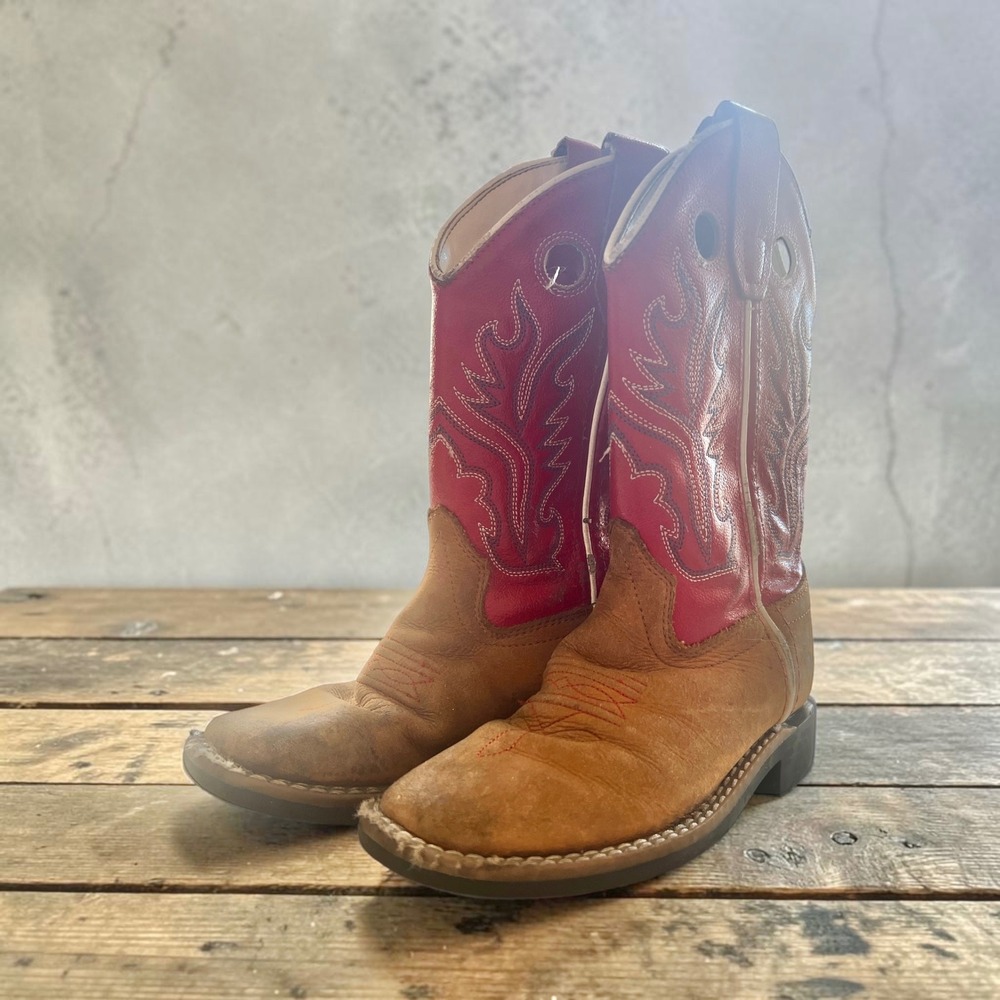 Old West Kids BSC1883 Tan Red Leather Western Cowboy Boots Size 10 D